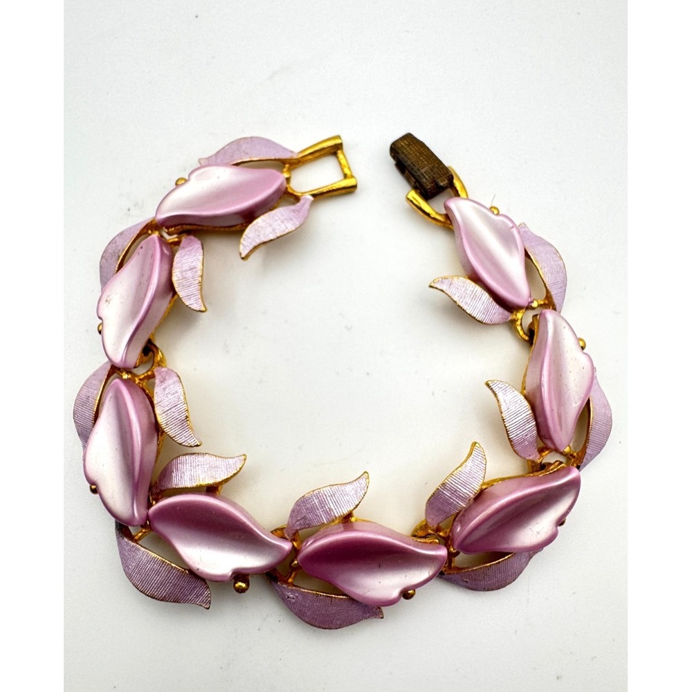Vintage Thermoset Bracelet Pink Moonglow Leaf Link Gold Tone Mid Century